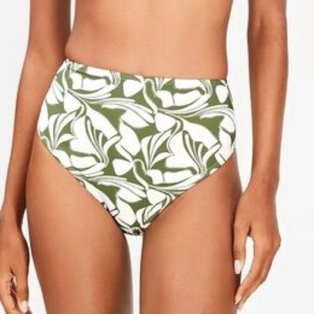 LOFT Beach Green White Floral Bikini Bottom L High Rise NWT